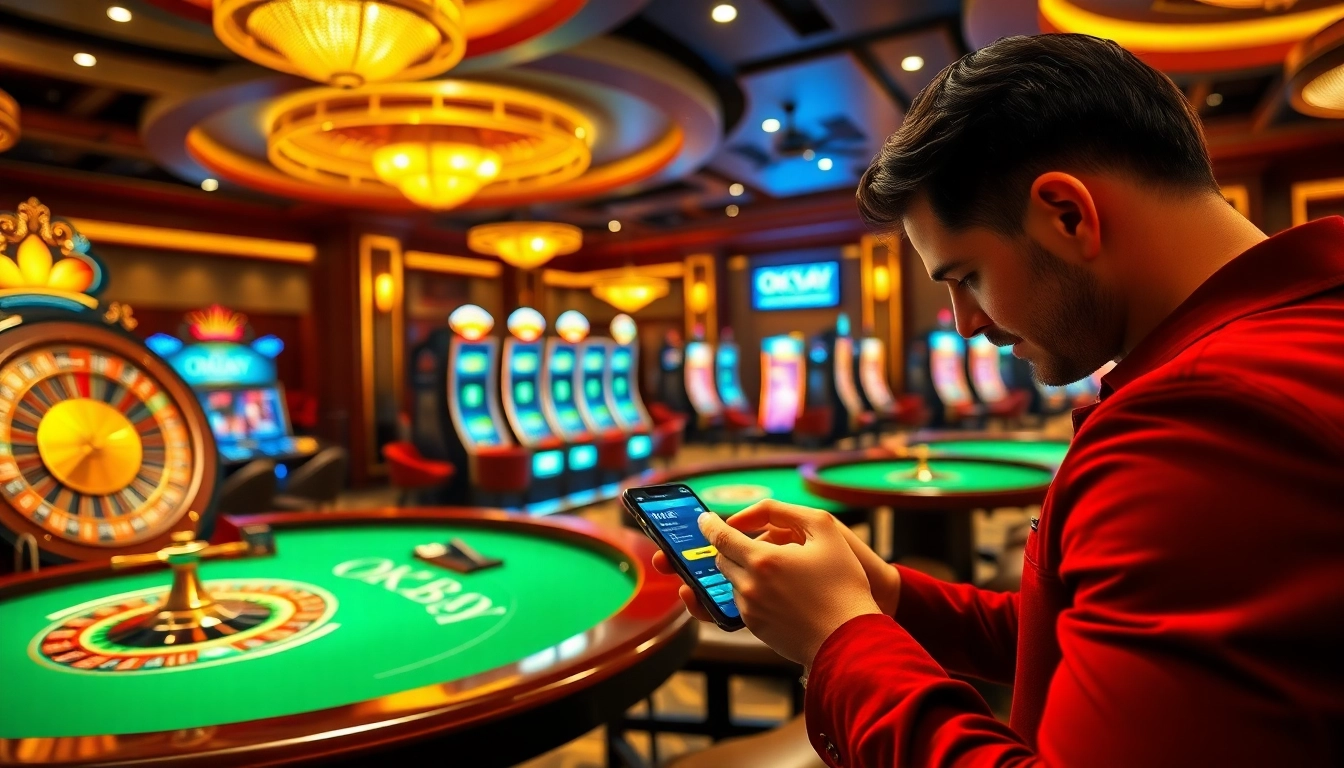 Play exciting games with okbay tải app in a vibrant casino environment featuring slot machines and roulette.