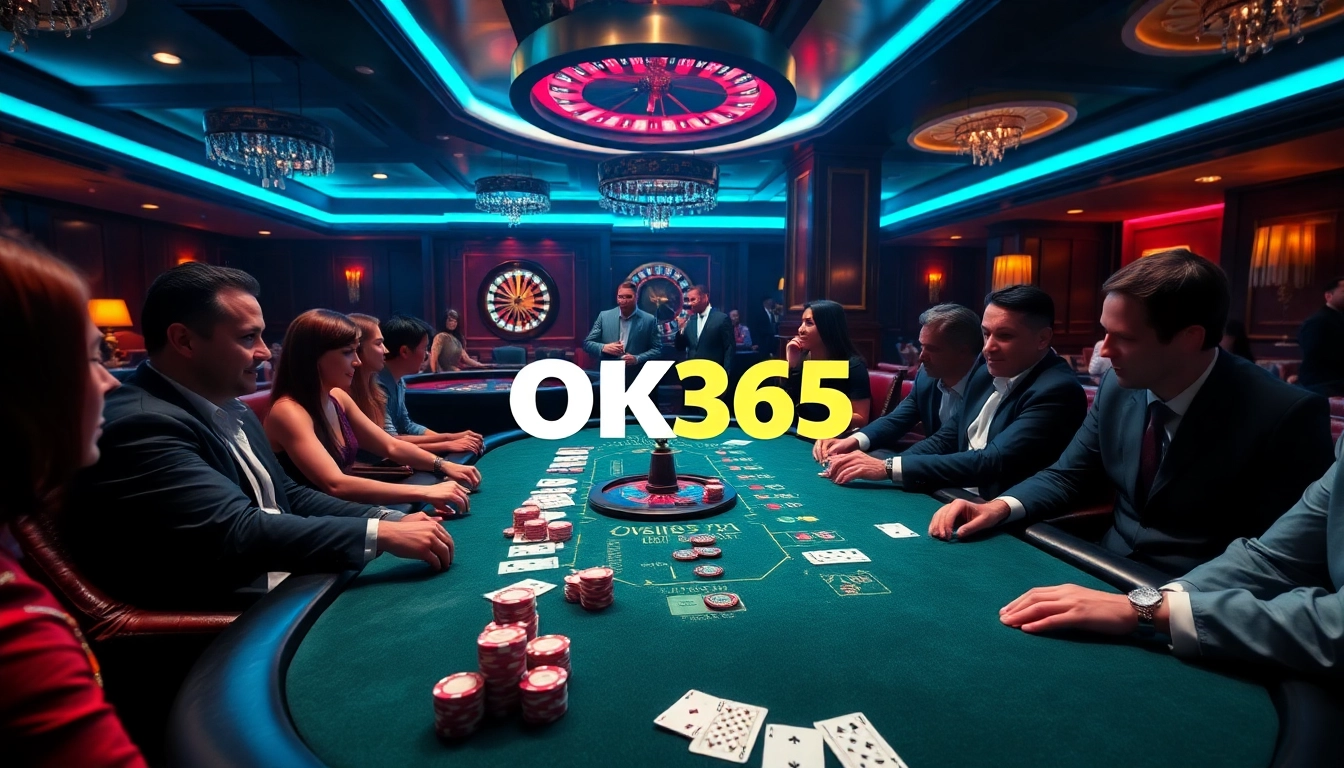 Players at an intense poker game at OK365 casino with colorful chips and cards.