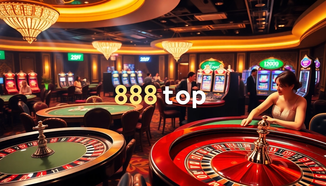 Experience online gambling excitement with 888top đăng nhập, featuring poker tables and slot machines in action.