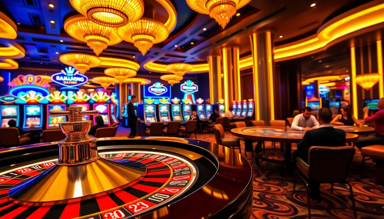 Experience thrilling gambling action at RAJABARONG's elegant casino tables filled with poker chips and roulette wheels.