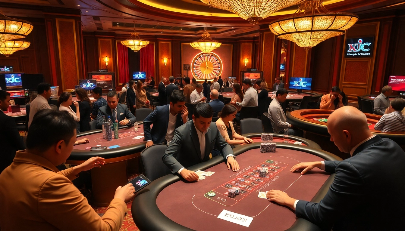 KJC-inspired casino scene with vibrant gaming tables and players engaged in high-stakes poker.