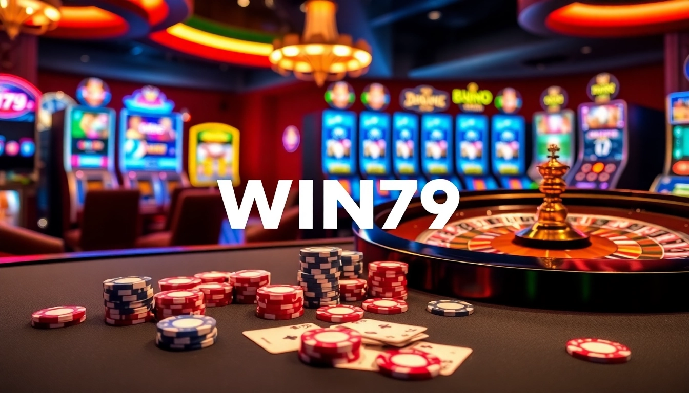 Experience Win79's thrilling casino atmosphere with poker chips and a vibrant roulette wheel.