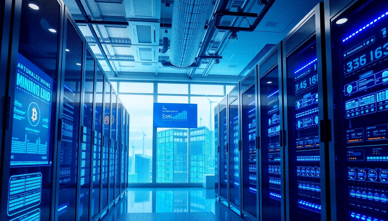 Visual representation of bitcoin cloud mining in a high-tech data center with AI interfaces and renewable energy.
