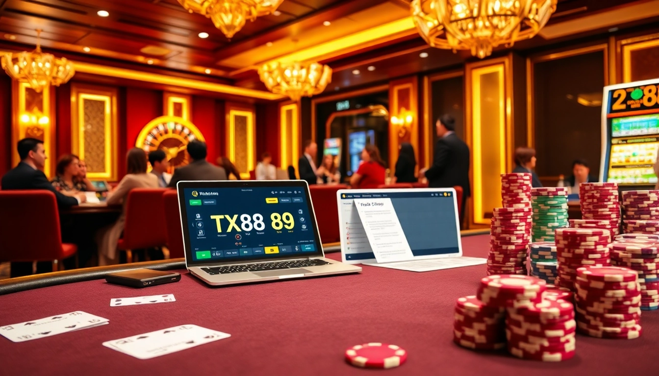 Engage in thrilling gameplay at TX88, featuring vibrant poker chips and an exciting roulette wheel.