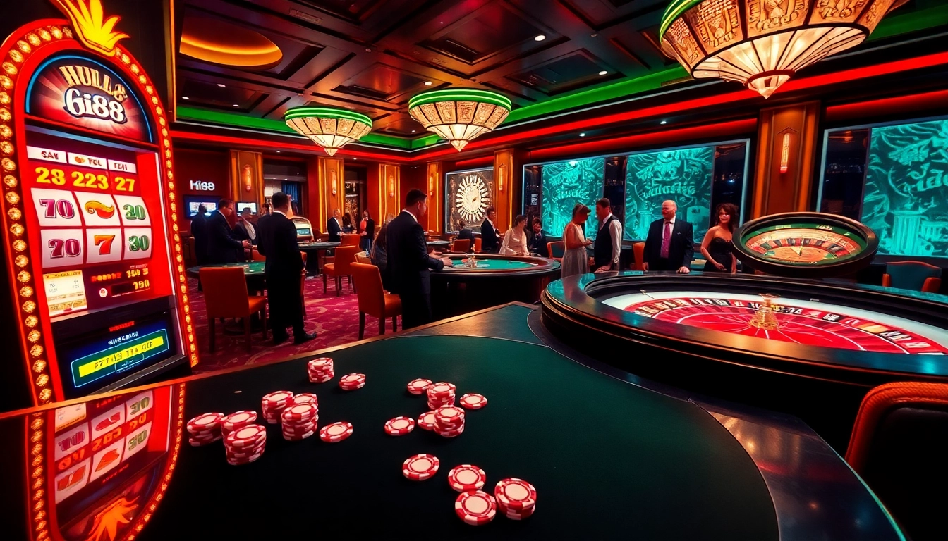 Experience thrilling gameplay at Hi88's luxurious casino atmosphere with vibrant slot machines and poker action.