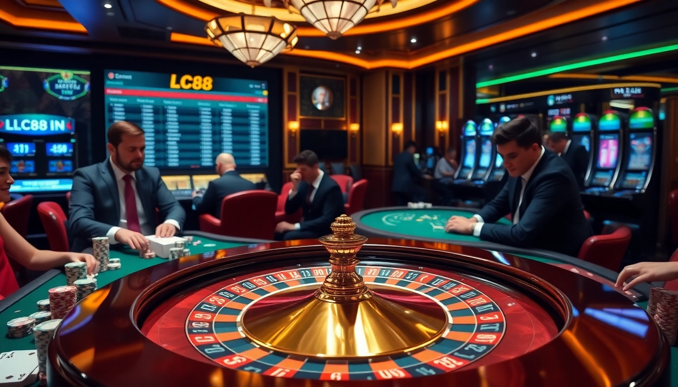 Engage with Lc88 casino excitement at a luxurious roulette table surrounded by players.