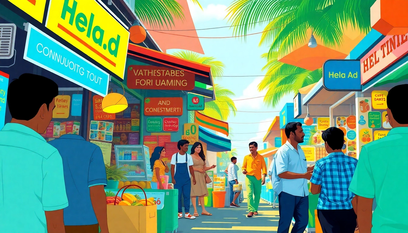 Dynamic marketplace scene illustrating Hela Ad in Sri Lanka with vibrant colors and friendly interactions.