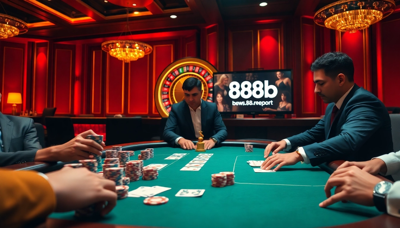 Professional poker players are engaged in a high-stakes game at an elegant casino reflecting the 888b.report brand.
