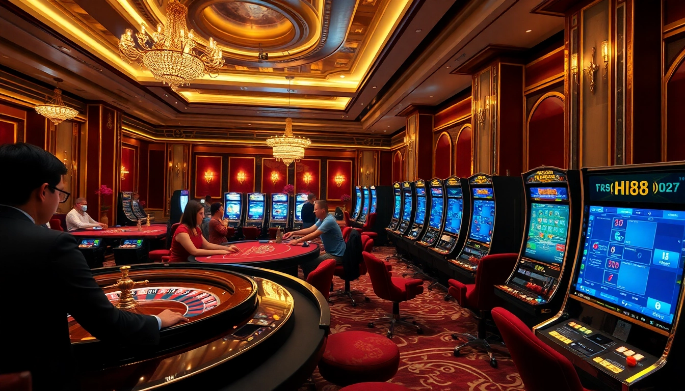 Experience the excitement of Hi88 with a vibrant casino scene filled with roulette wheels and poker tables.