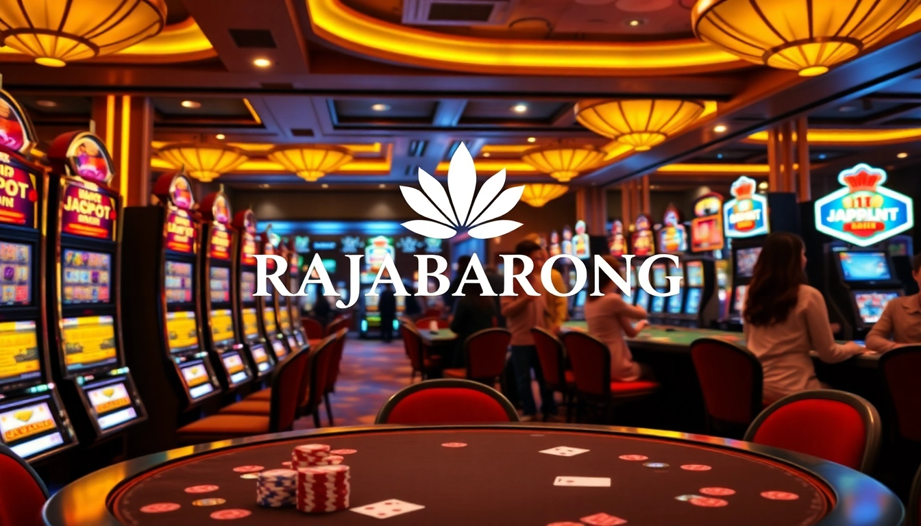Experience the thrill of RAJABARONG with vibrant slot machines and engaging players in a luxury casino setting.