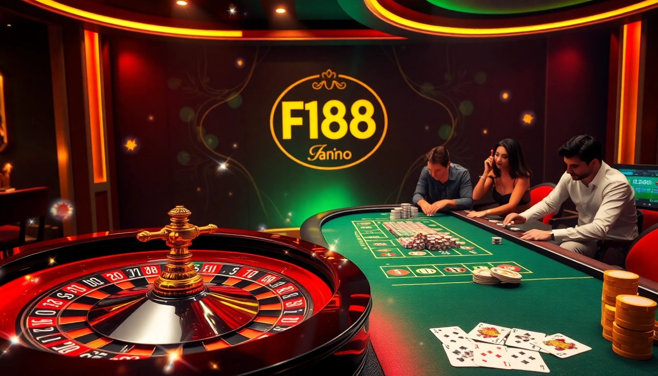 Experience F168 casino excitement with vibrant roulette and poker scenes.