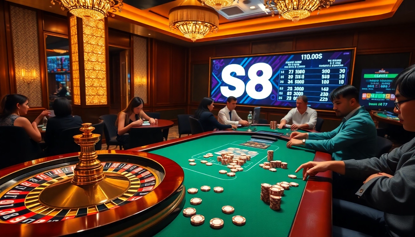 S8 casino excitement with vibrant poker chips and a roulette wheel surrounded by engaged players.