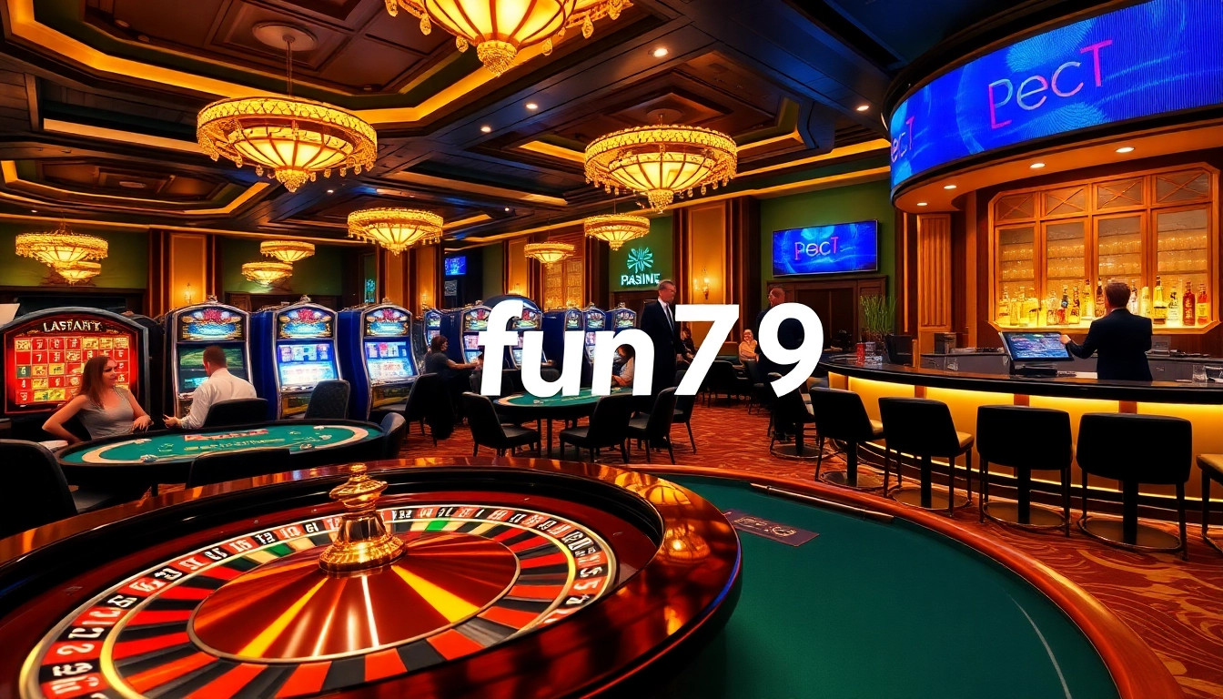 Experience the thrill of winning at fun79 in a luxurious casino setting with a roulette wheel and lively players.