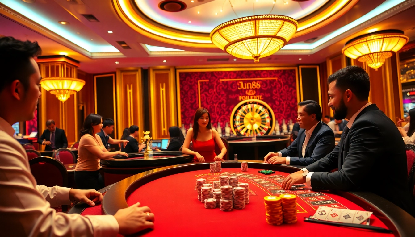 Experience the excitement of Jun88 in an elegant casino setting with players at the tables.
