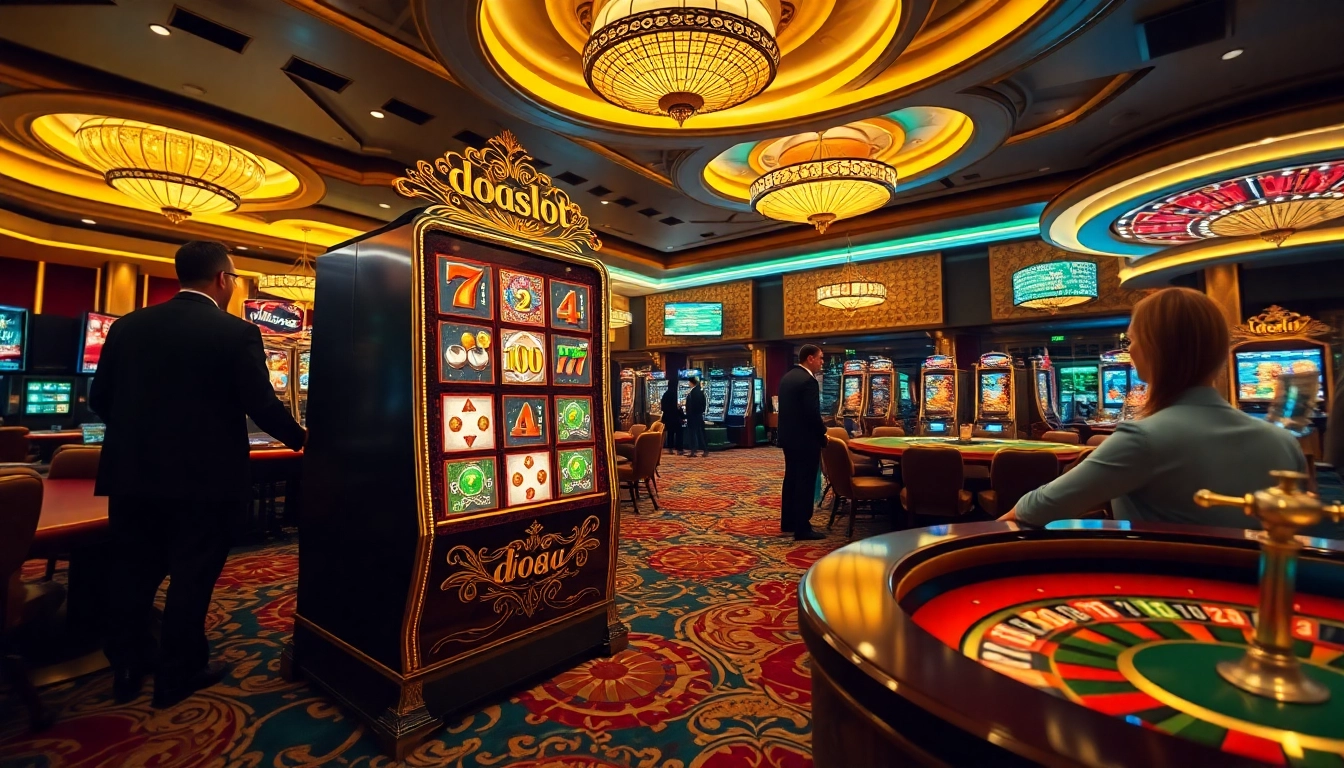 Players enjoying the doaslot experience at a vibrant casino with slot machines and gaming tables.