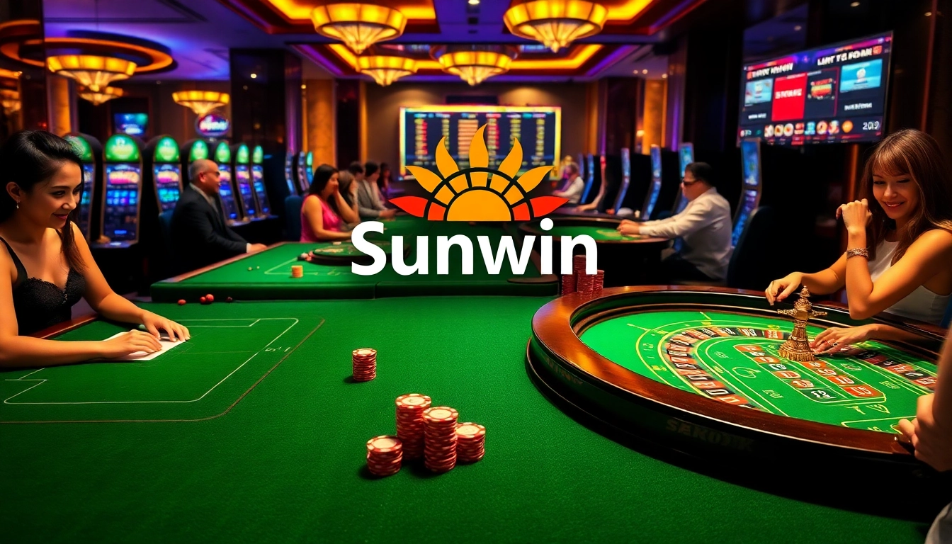 Players enjoying various casino games at Sunwin, featuring poker tables and vibrant slot machines.