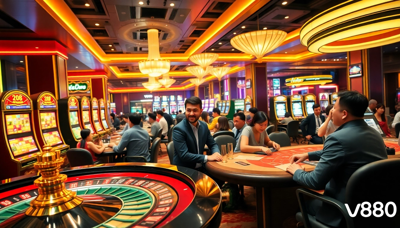 Experience the excitement at vn88's vibrant casino with players and roulette action.