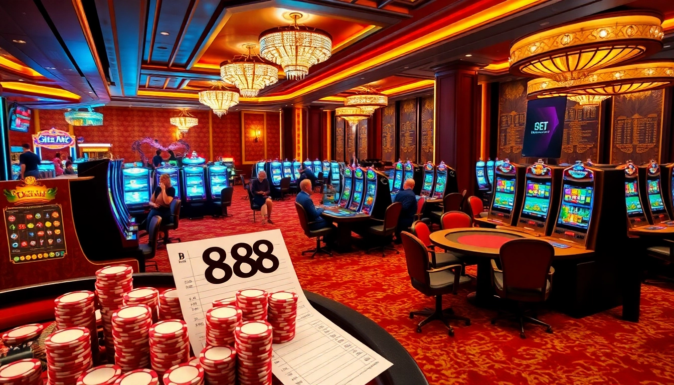 Exciting casino scene featuring gambling tables and players at 888b, showcasing the thrill of fortune.