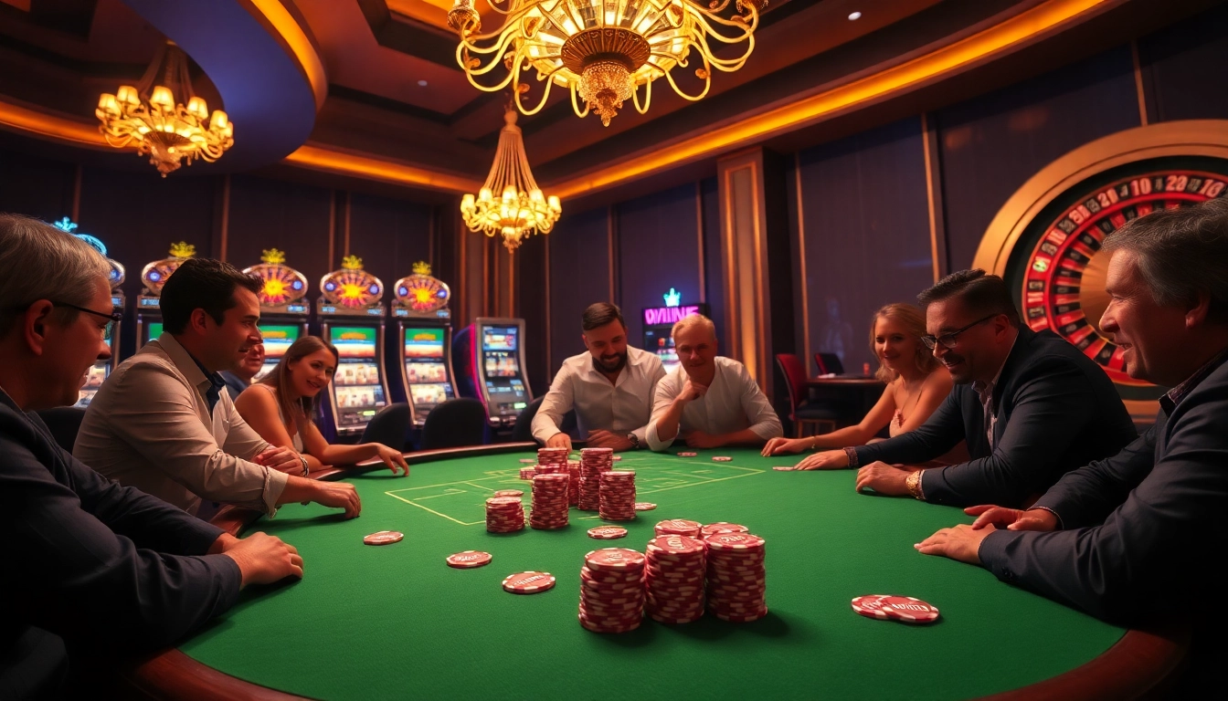 Win55 poker players strategizing at a luxurious casino table with vibrant chips and a roulette wheel.
