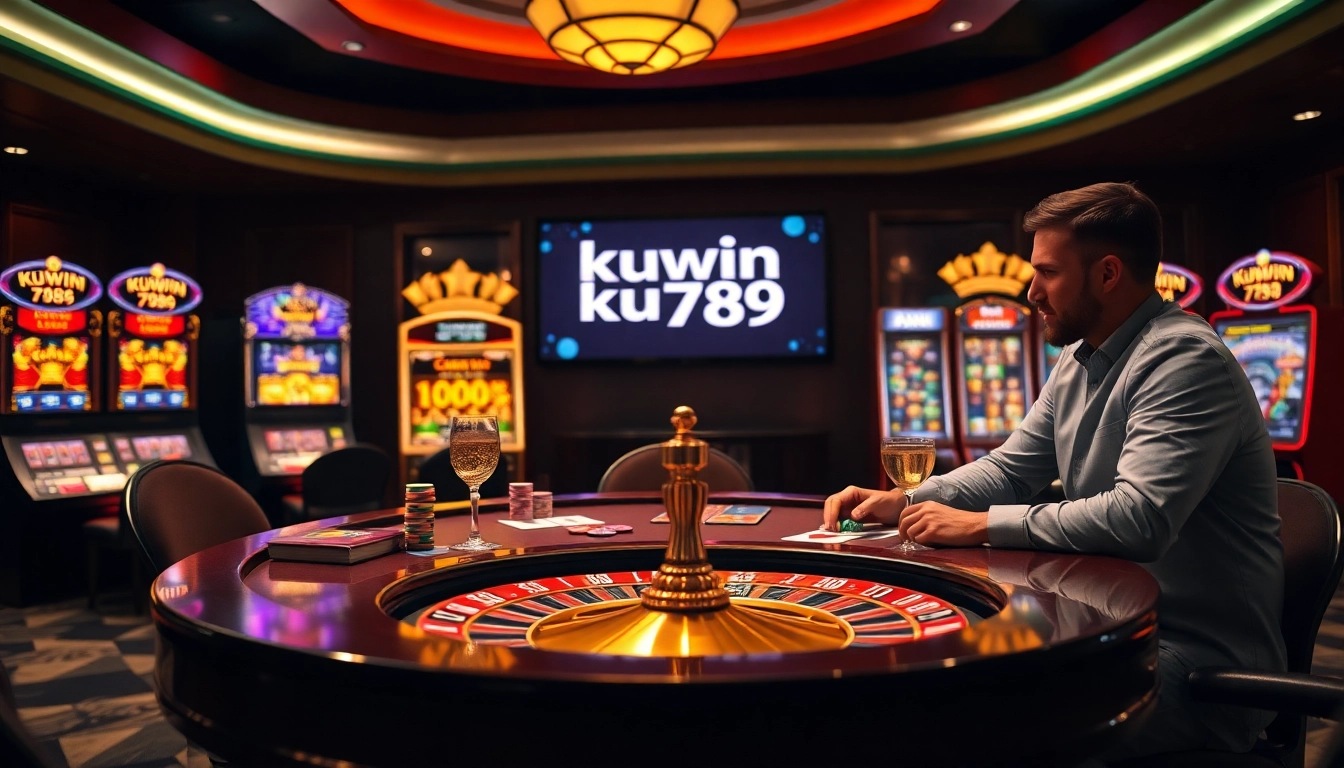 Engaging poker game scene highlighting kuwin 789 with colorful chips and cards at a luxurious casino table.