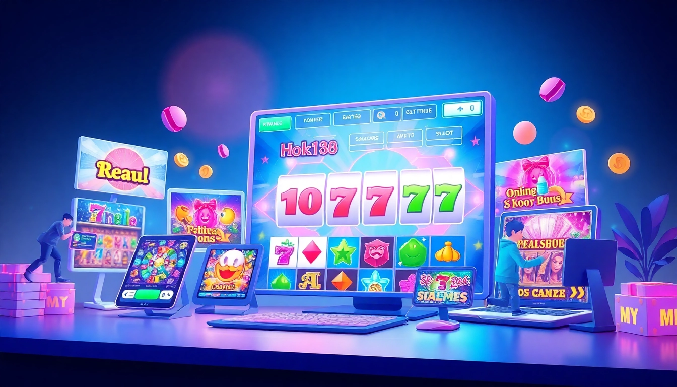 Engaging digital illustration of hoki138 online gambling platform, showcasing vibrant slot games and user-friendly interface.