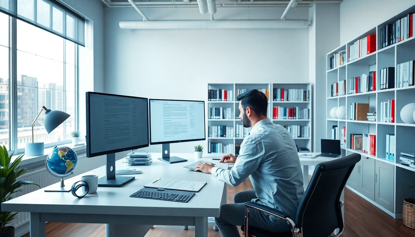 Certified translator working in a modern office, highlighting professionalism and accuracy in translation.