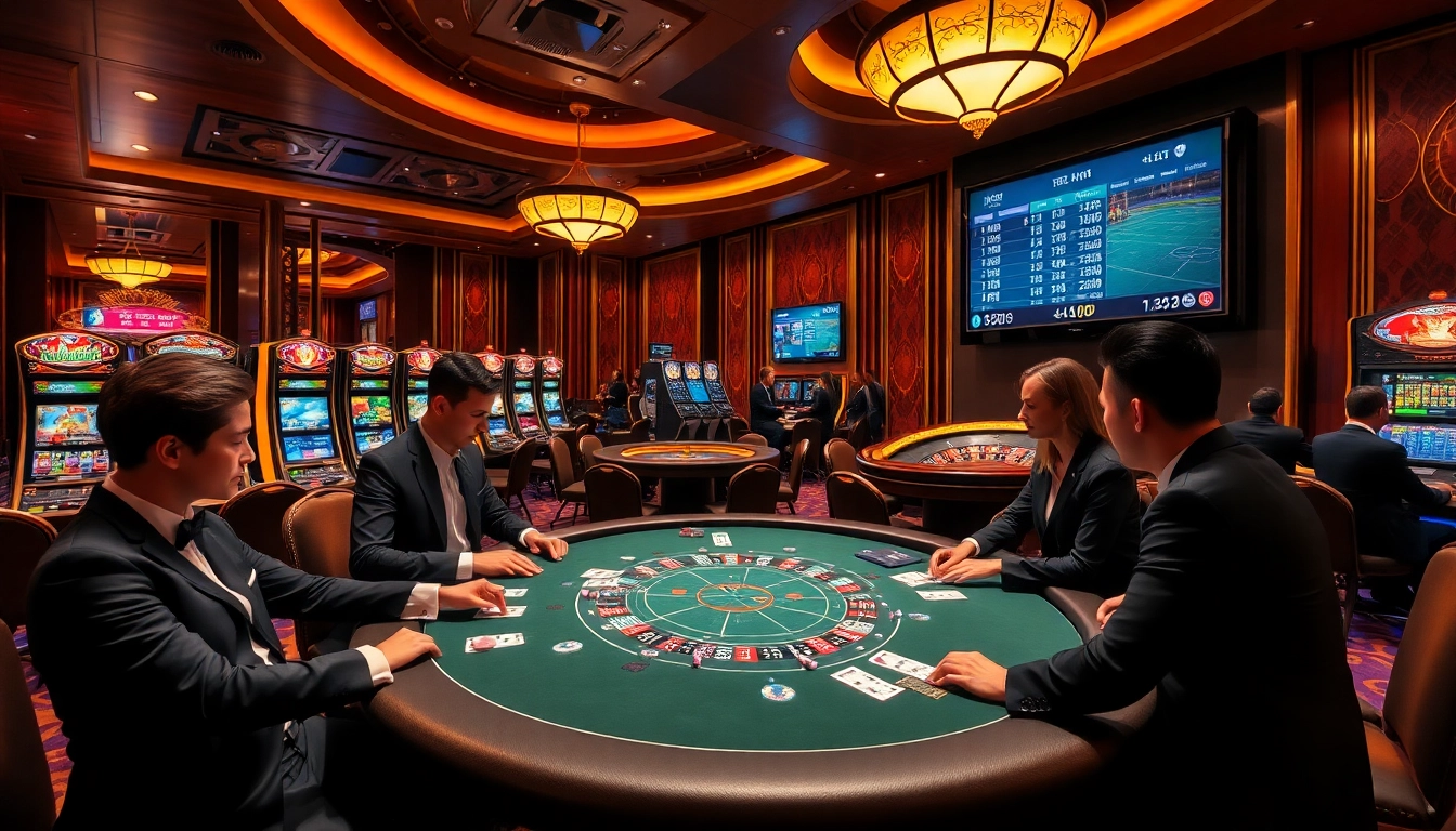 Stunning casino scene with players enjoying poker and slots at https://789bet7a.com/, showcasing excitement and luxury.