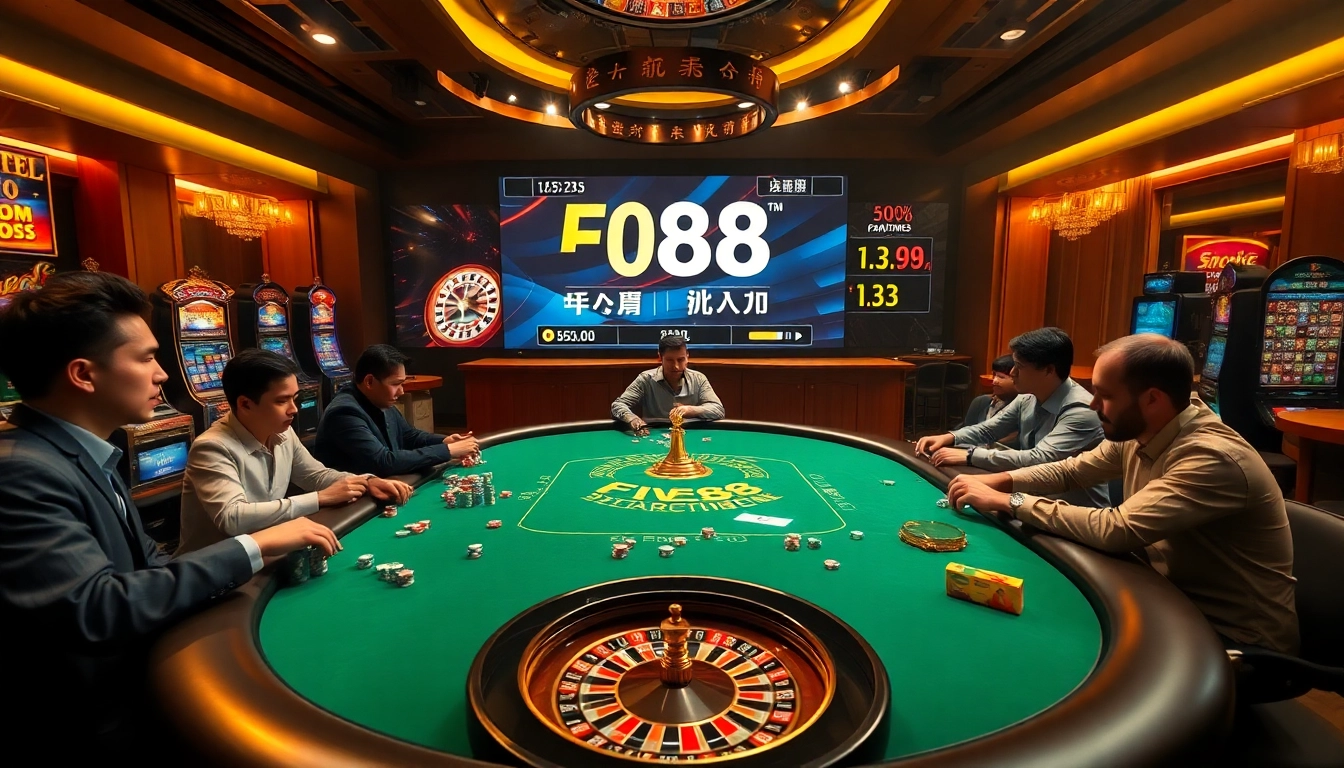 Experience the thrill of five88 no hu at a high-stakes online casino table surrounded by vibrant slot machines.