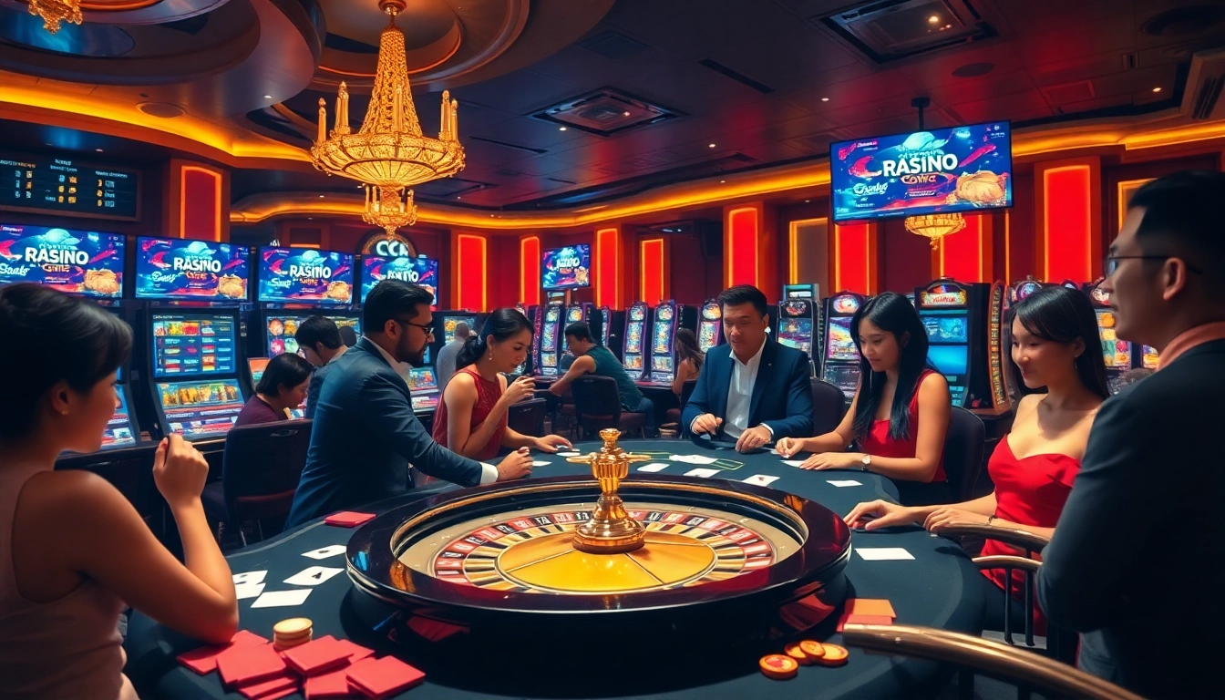 Experience the excitement of the skyclub game with vibrant casino visuals showcasing gaming tables and slot machines.