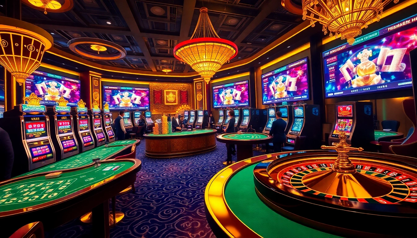 Engaging online gambling atmosphere at RR 88 with casino tables, vibrant slots, and lively betting.