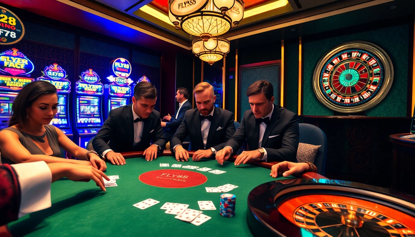 Experience high-stakes action at FLY88's poker table surrounded by vibrant casino games.