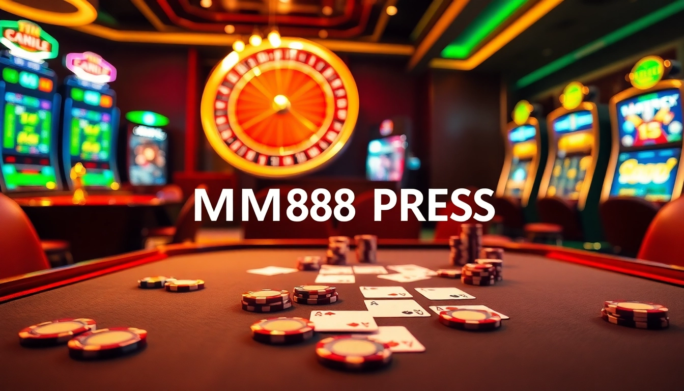 Experience the thrill of poker at MM88 PRESS with vibrant chips and a glowing roulette wheel.