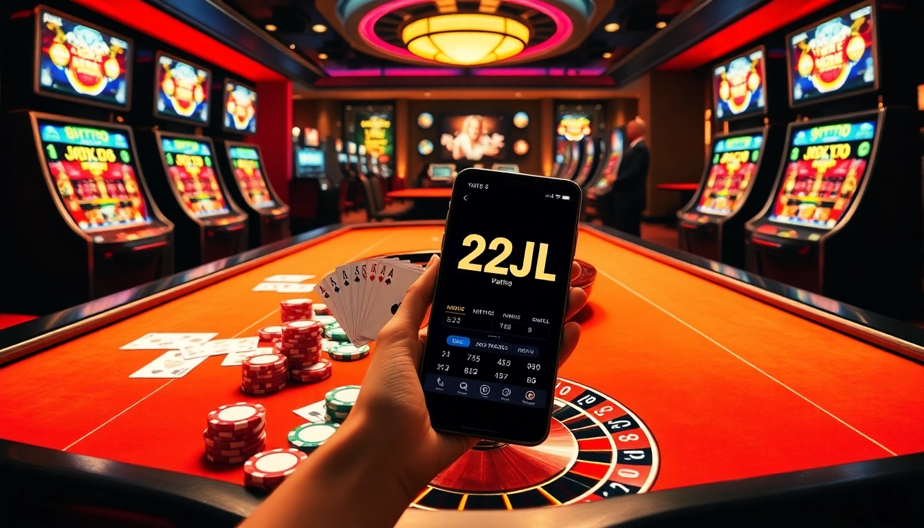 Experience the thrill of the 22JL app with vibrant casino tables and engaging gaming options.