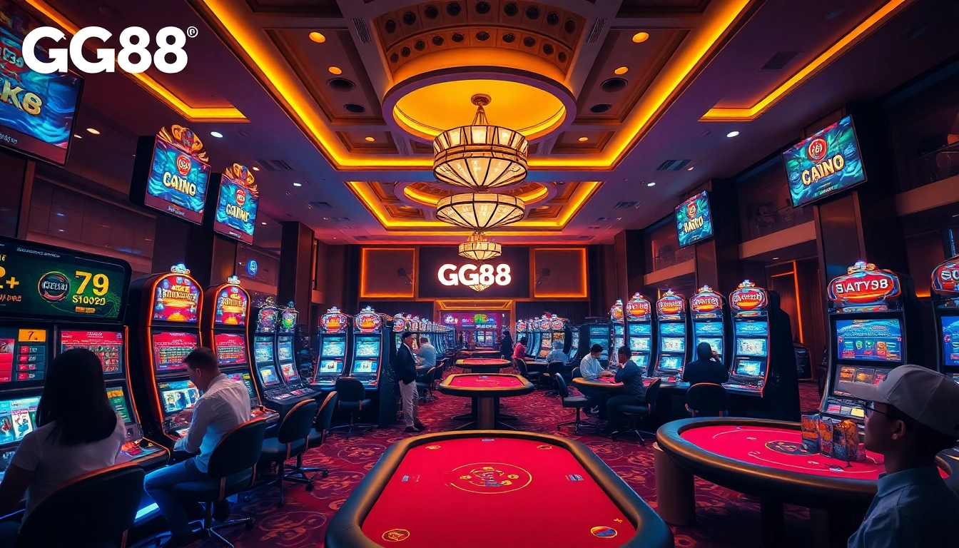Experience the excitement of Trang chủ GG88 with vibrant casino scenes showcasing players at dynamic gaming tables and engaging environments.
