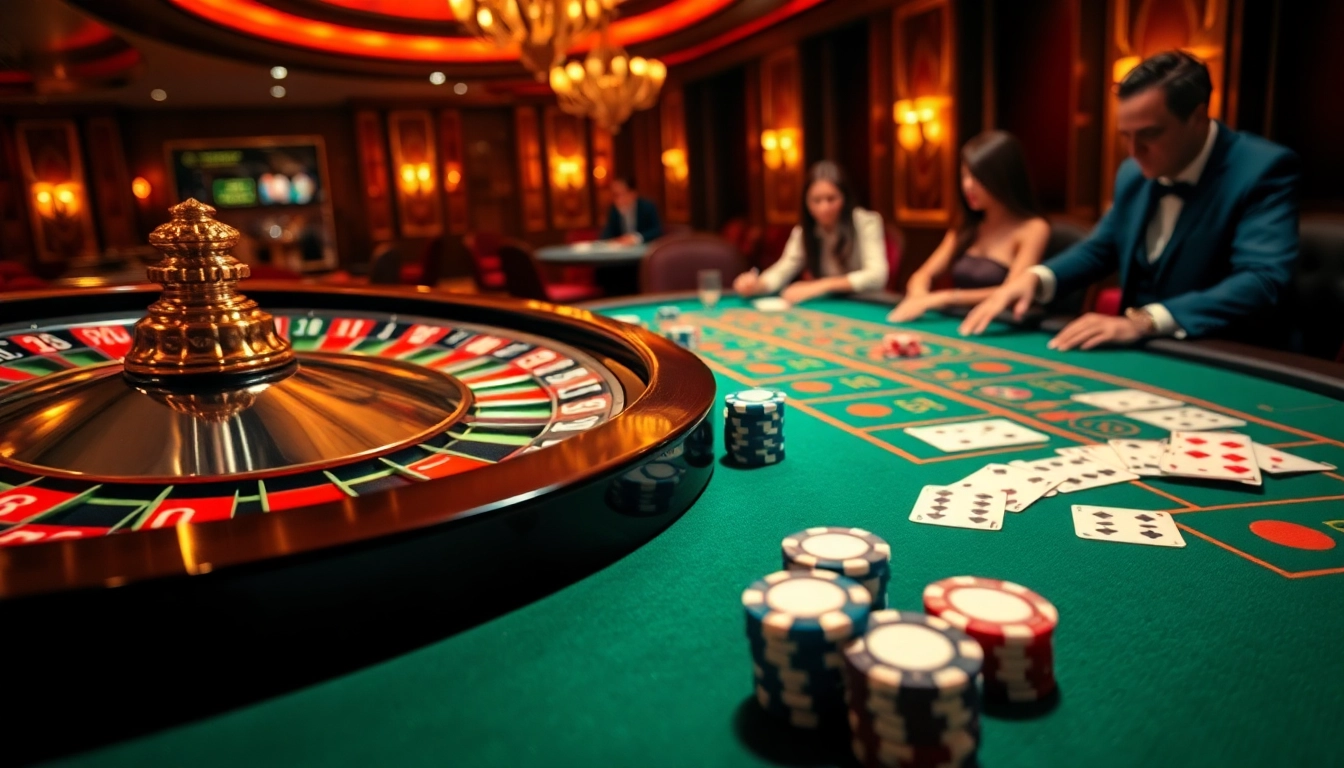Experience the thrilling atmosphere of gambling at https://f168biz.com/ with luxury casino tables, vibrant chips, and engaging players.