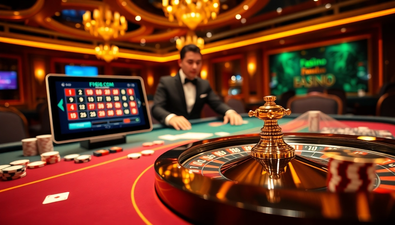 Players enjoying a thrilling game at F168 com casino, surrounded by vibrant chips and cards.