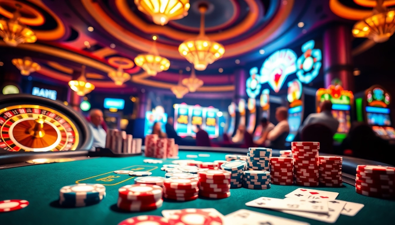 Players enjoying a vibrant gaming table at https://thabet.vegas/ with poker chips and cards for an exciting casino experience.