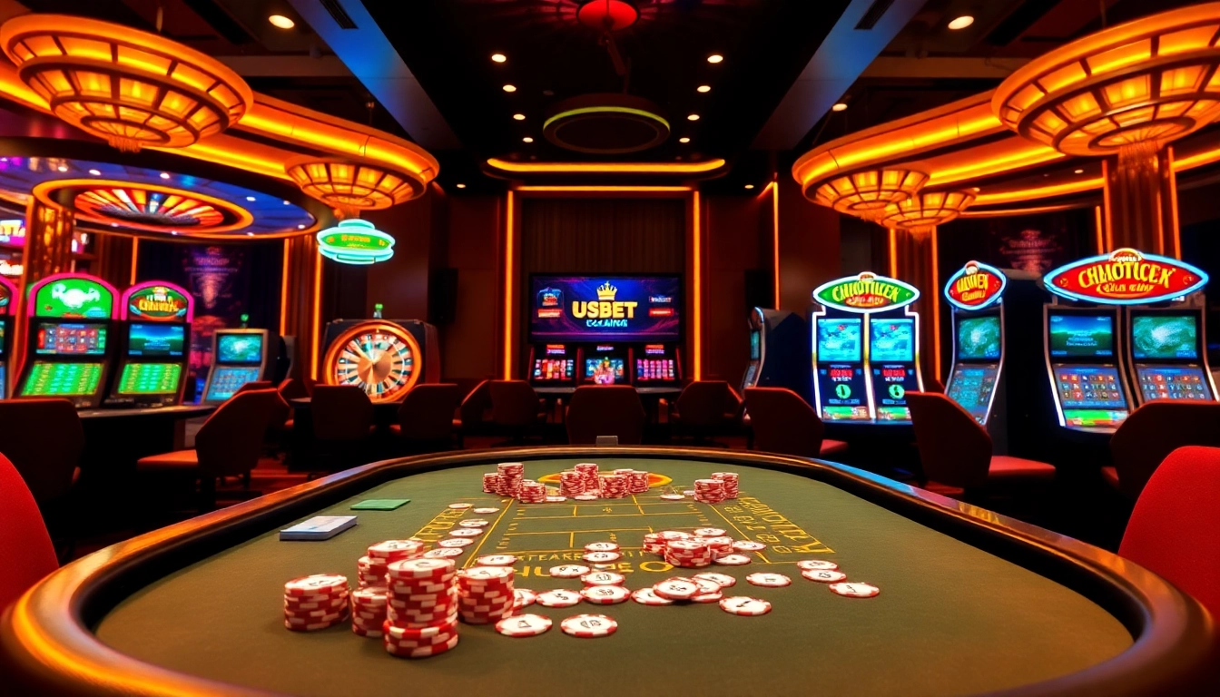 Experience the excitement of nhà cái usbet with a vibrant casino scene showcasing dynamic poker gameplay.
