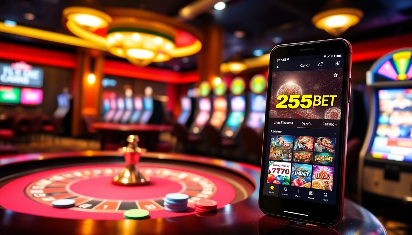 Engage in thrilling games at 255BET, showcasing a vibrant casino atmosphere with poker and roulette.