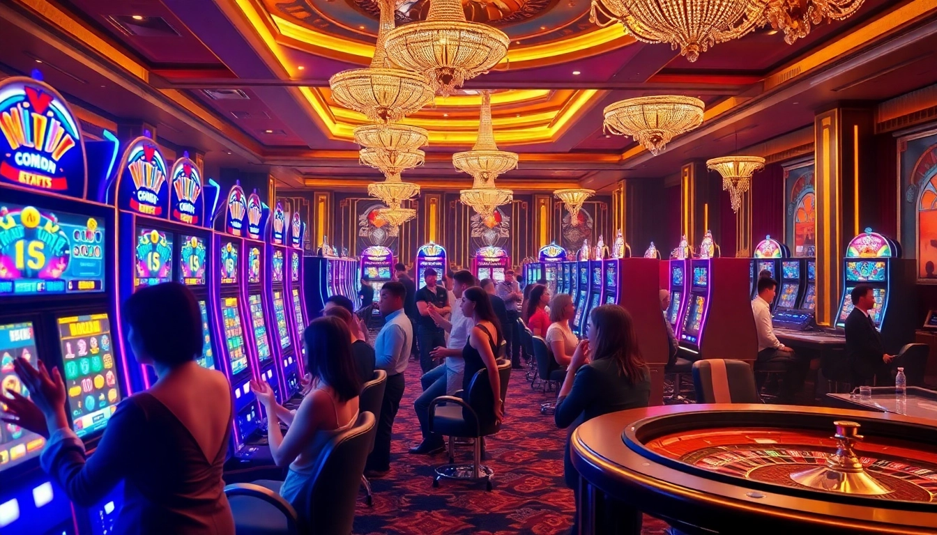 Excited players engaging with vibrant Slot Gacor machines in a luxurious casino setting.