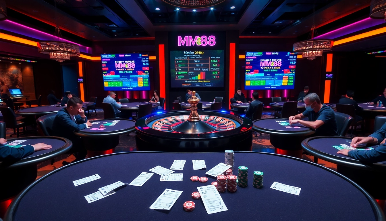 Players engage in high-stakes poker at MM88, showcasing vibrant casino ambiance and dynamic betting.