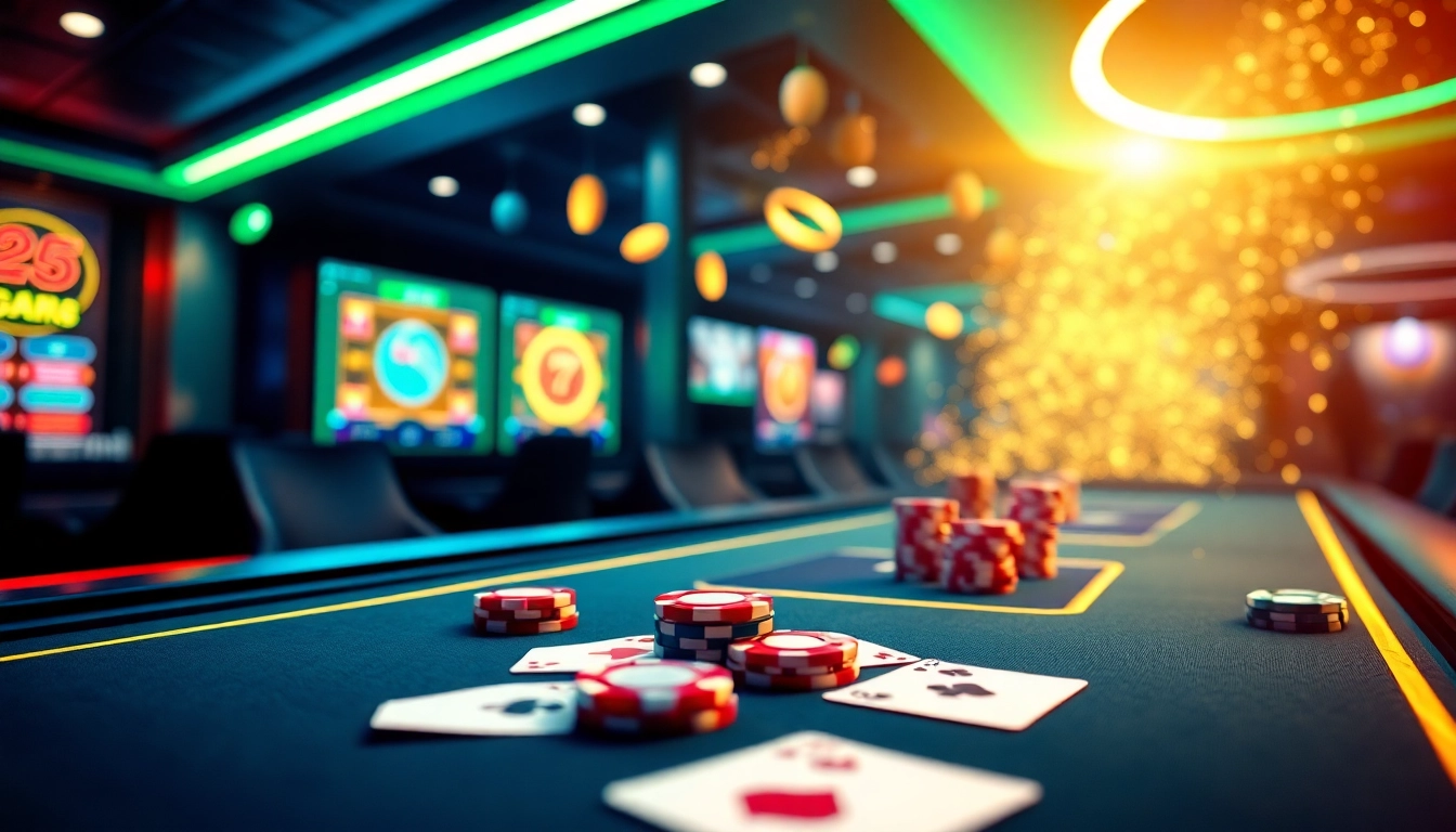 Engaging online gambling scene featuring f168 with poker chips and cards at a luxurious virtual casino.