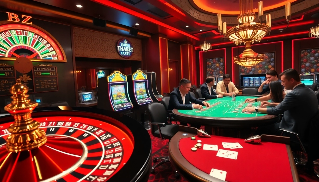 THABET players experiencing excitement at a luxurious casino table with chips and cards.
