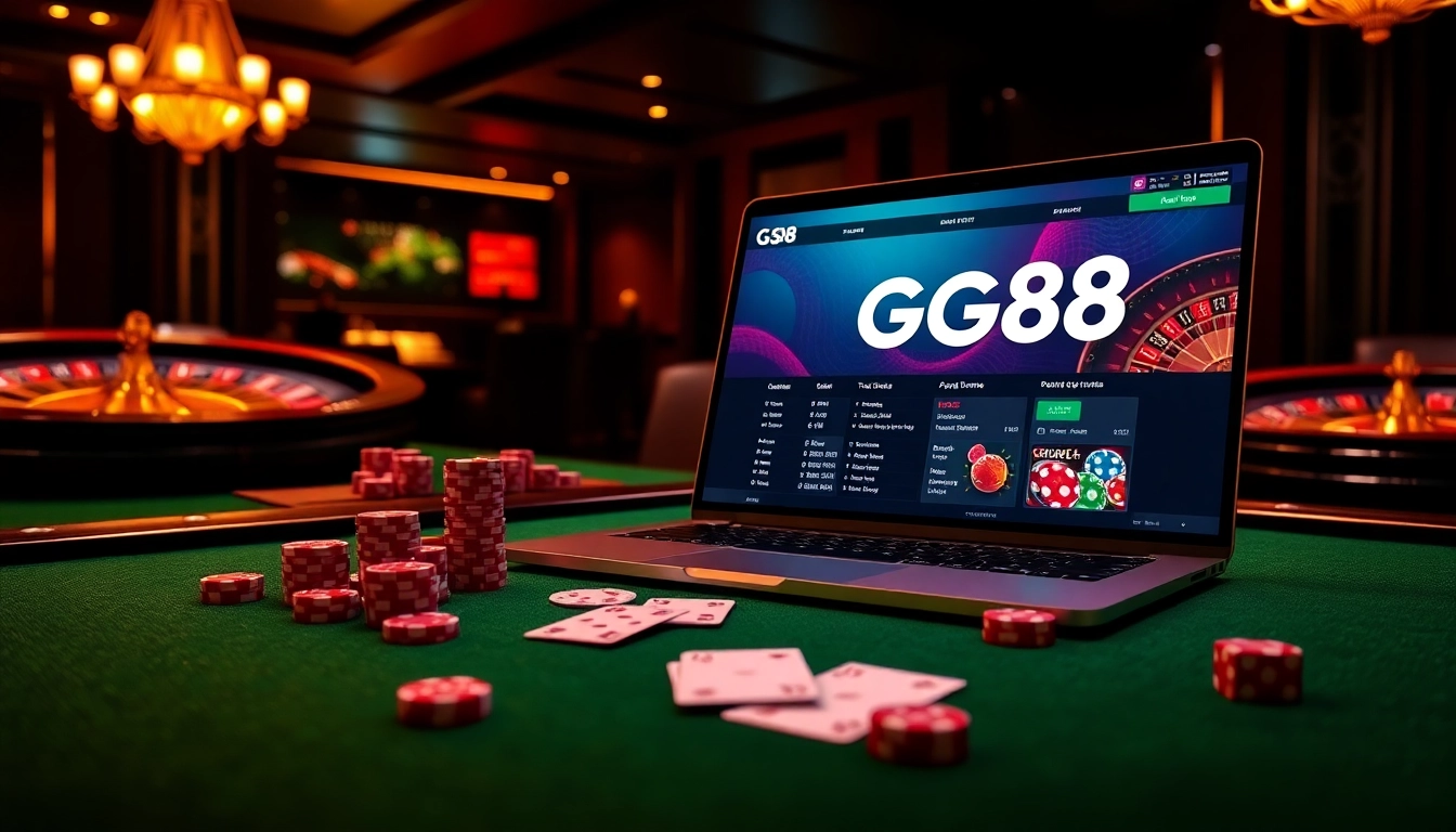 GG88 digital interface on a luxurious casino table, showcasing exciting gambling action.
