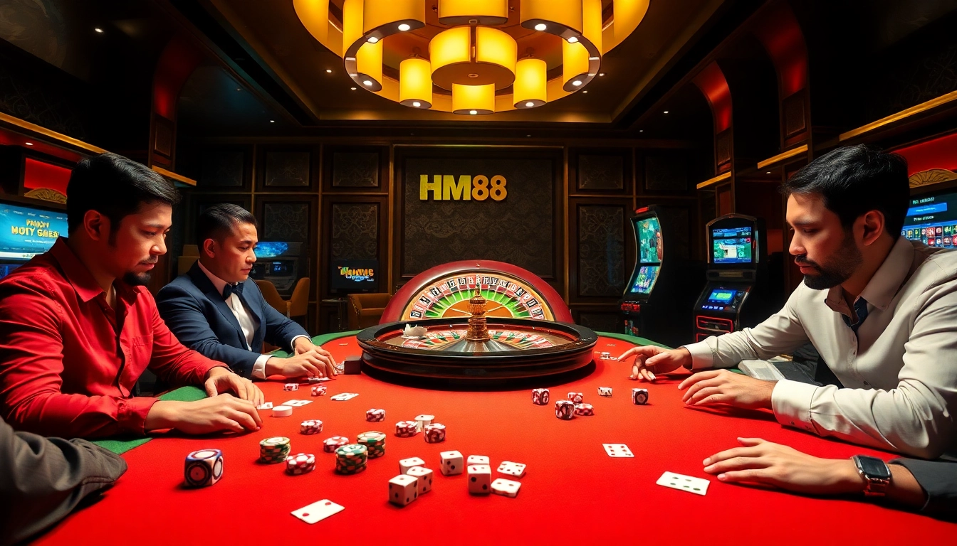 Engaging players enjoying exciting games at HM88's vibrant casino, showcasing poker and roulette.