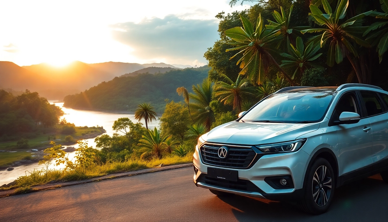 Car hire in Kuching: Scenic view of a rental car by the river at sunset.