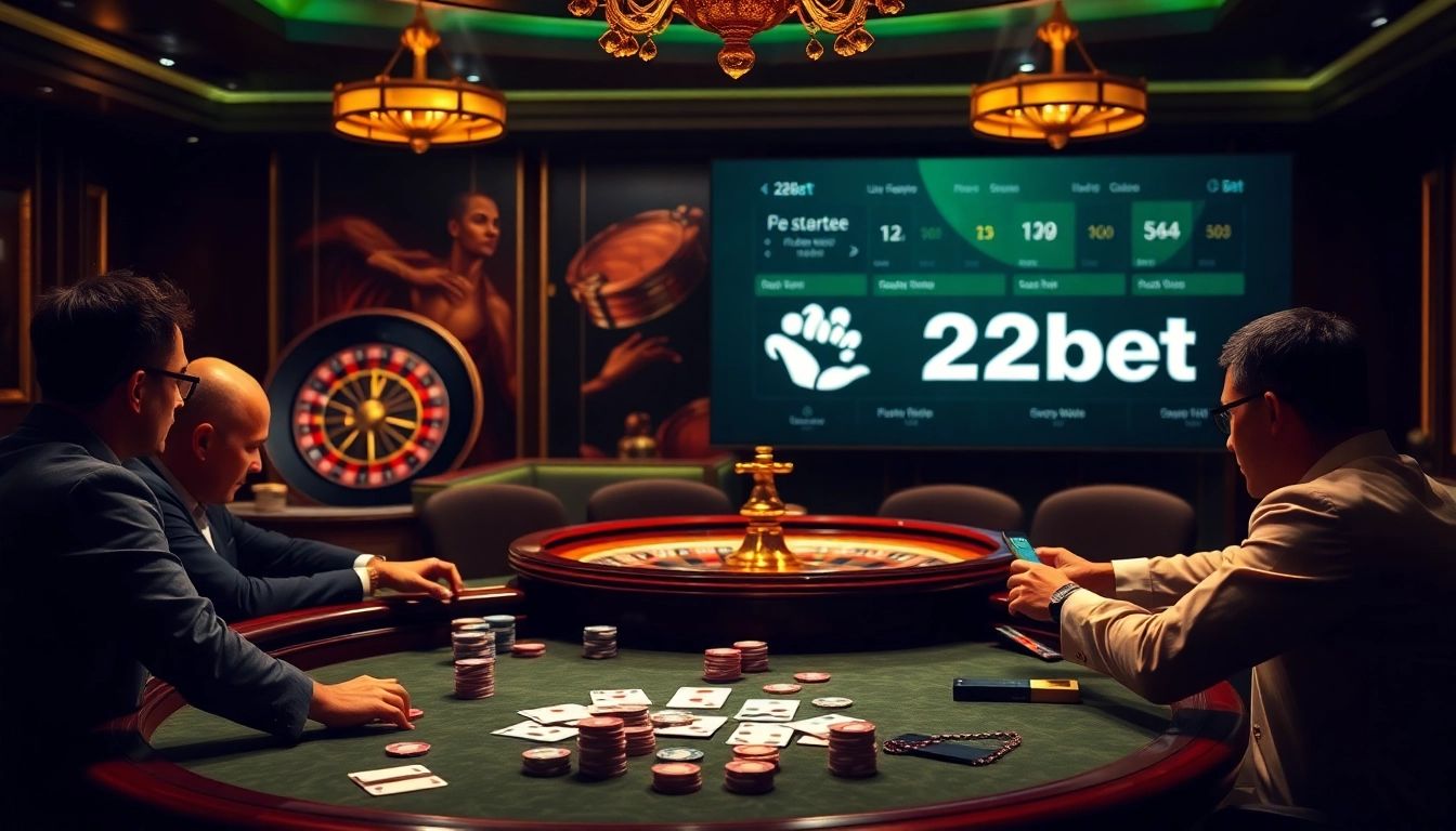 22bet players enjoying an exciting game at a luxurious casino poker table with vibrant lighting and elite ambiance.