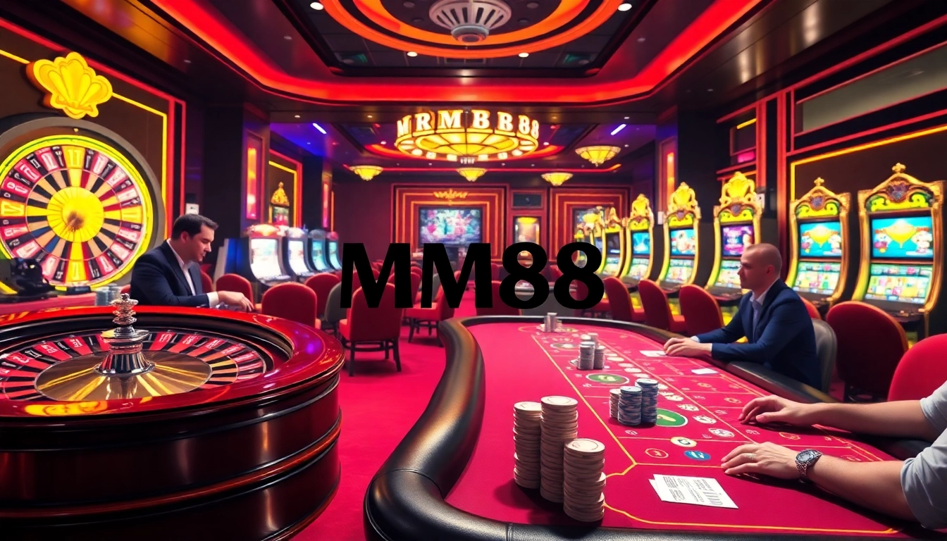 Experience the thrill of MM88 with an elegant casino setting featuring roulette and poker tables.