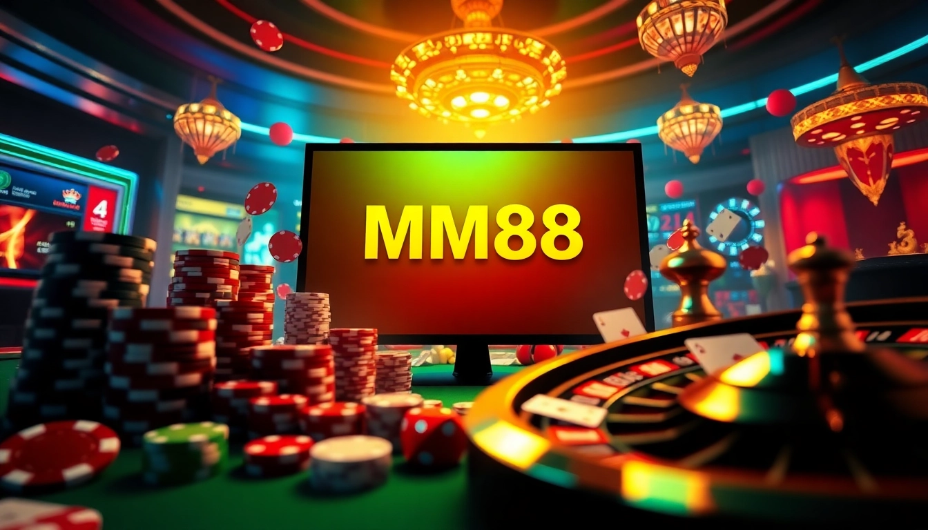 Play exciting games at MM88 online casino with vibrant poker chips and roulette wheels