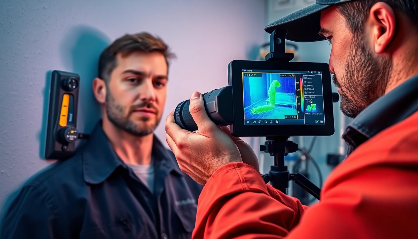 Leak detection technician using thermal imaging technology to find hidden water leaks.